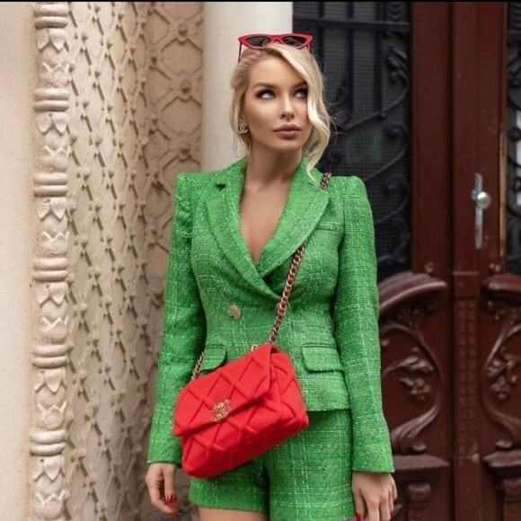 Zara Kate Middleton Textured Tweed Boucle Apple Green Gold Button Cropped Blazer - Picture 5 of 14